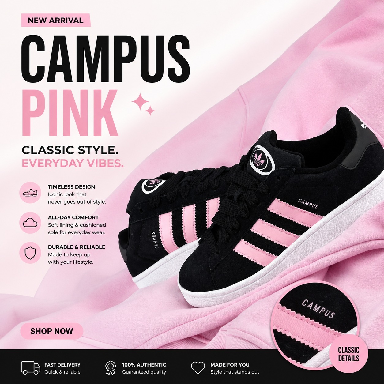 🔥(ON OFFER) 🔥 Adidas Campus Black Pink Sneakers for Women & Girls – Trendy Casual Streetwear Shoes | Stylish Suede Fashion Trainers | Comfortable Everyday Walking Sneakers | Classic Black & Pink Ska