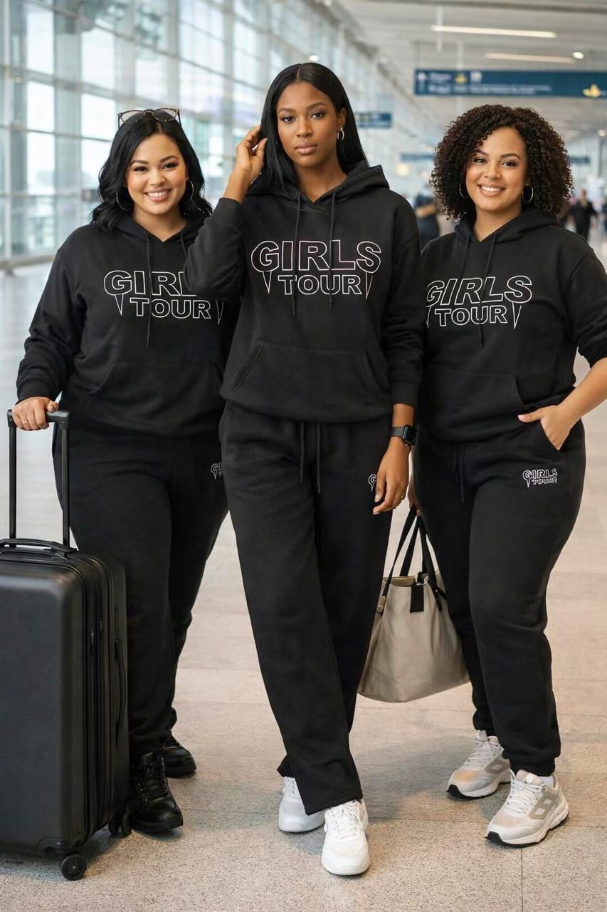 Girls Tour Women’s 2-Piece Hoodie Tracksuit Set – Soft Cozy Pullover Sweatshirt & Matching Jogger Pants Casual Travel Outfit Comfortable Stylish Lounge Wear for Airport Trips and Everyday Use