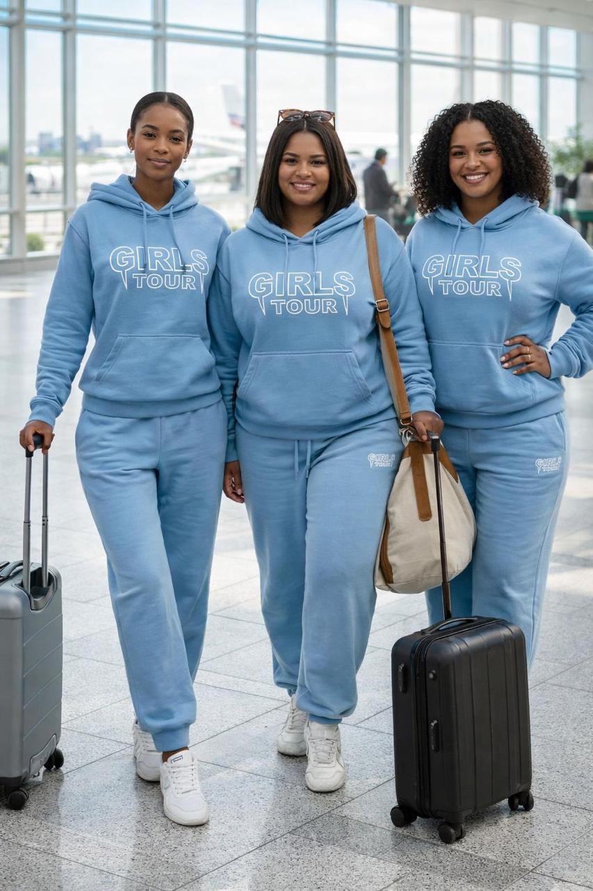 Girls Tour Women’s 2-Piece Hoodie Tracksuit Set – Soft Cozy Pullover Sweatshirt & Matching Jogger Pants Casual Travel Outfit Comfortable Stylish Lounge Wear for Airport Trips and Everyday Use
