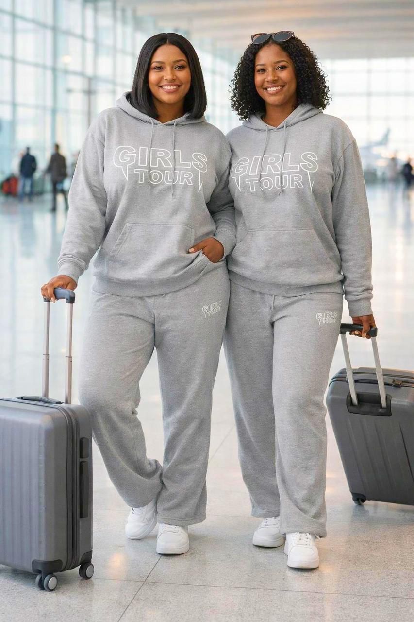 Girls Tour Women’s 2-Piece Hoodie Tracksuit Set – Soft Cozy Pullover Sweatshirt & Matching Jogger Pants Casual Travel Outfit Comfortable Stylish Lounge Wear for Airport Trips and Everyday Use