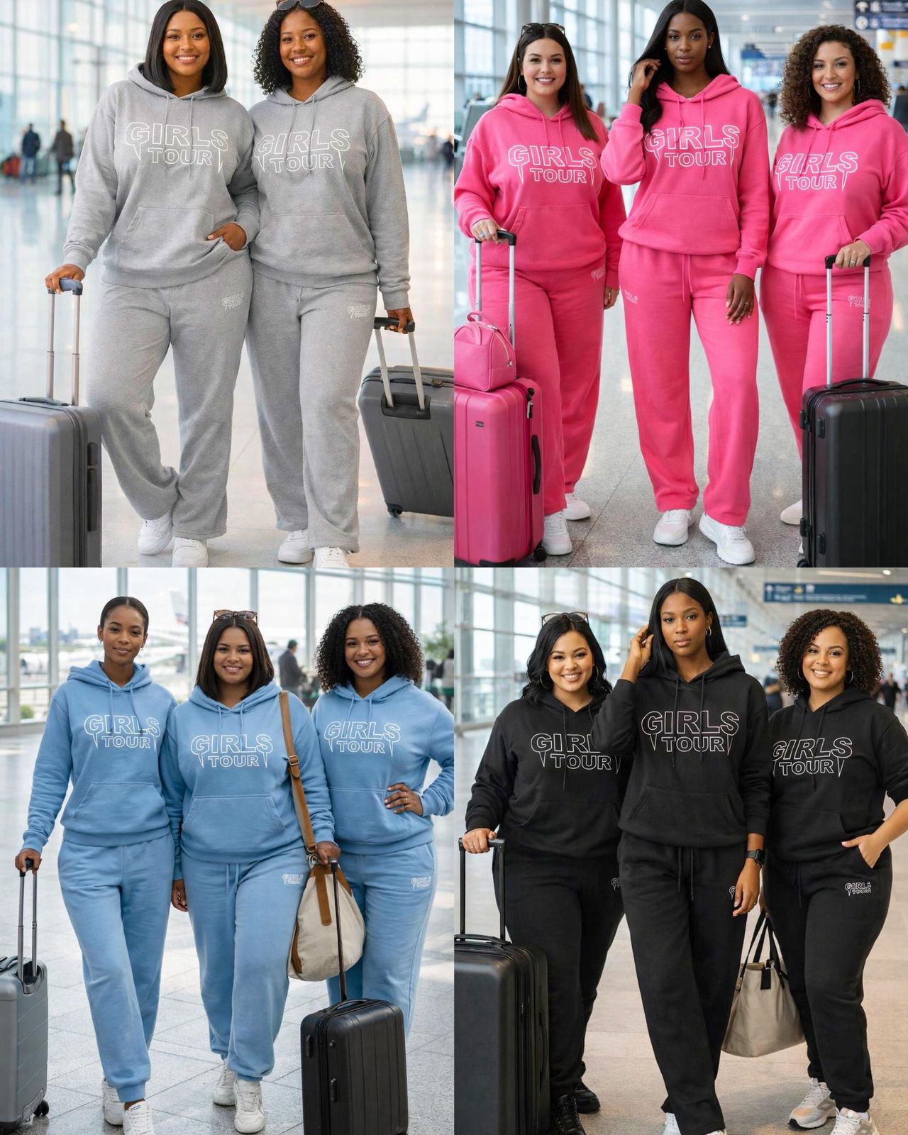 Girls Tour Women’s 2-Piece Hoodie Tracksuit Set – Soft Cozy Pullover Sweatshirt & Matching Jogger Pants Casual Travel Outfit Comfortable Stylish Lounge Wear for Airport Trips and Everyday Use