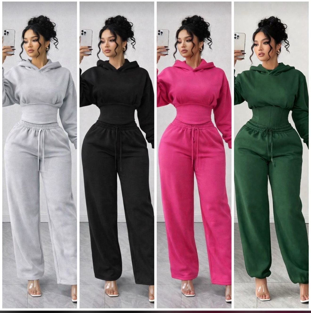 ✨ Luxe Curve Snatch Cropped Hoodie & High-Waist Sweatpants Set – Sculpted Fit Cozy Lounge Outfit, Premium Soft Fabric, Stylish Streetwear Two-Piece Tracksuit for Women in Grey, Black, Pink & Green ✨