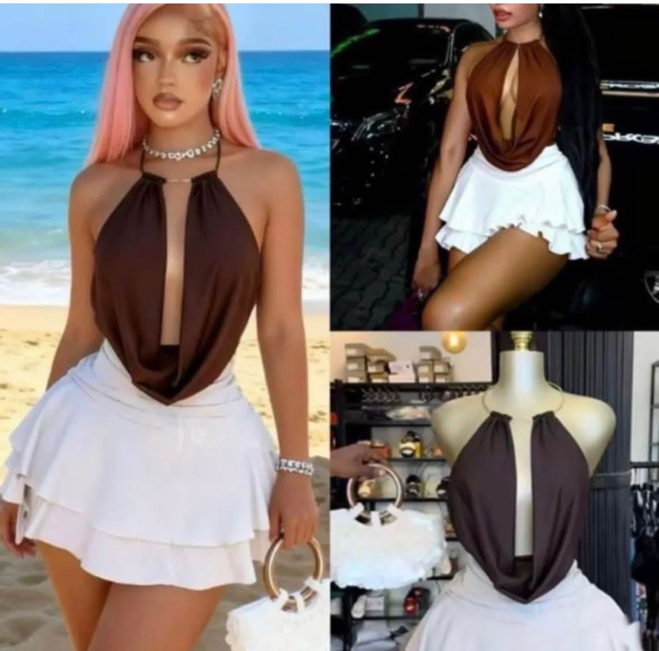 Sexy Two Piece Halter Neck Mini Skirt Set for Women – Backless Draped Crop Top with Layered Flare Mini Skirt, Elegant Body Fit Party Outfit for Vacations, Beach Days, Club Nights, Birthdays and Trendy