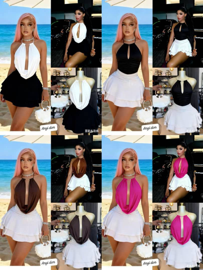 Sexy Two Piece Halter Neck Mini Skirt Set for Women – Backless Draped Crop Top with Layered Flare Mini Skirt, Elegant Body Fit Party Outfit for Vacations, Beach Days, Club Nights, Birthdays and Trendy