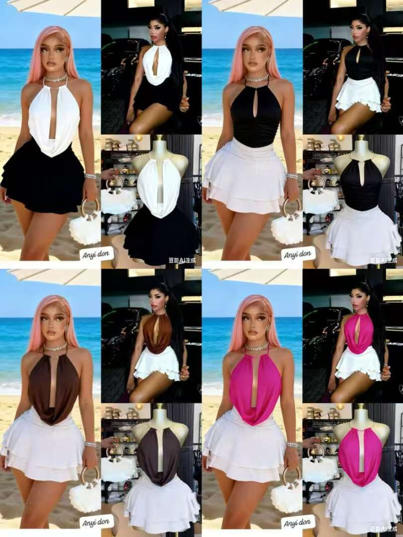 Sexy Two Piece Halter Neck Mini Skirt Set for Women – Backless Draped Crop Top with Layered Flare Mini Skirt, Elegant Body Fit Party Outfit for Vacations, Beach Days, Club Nights, Birthdays and Trendy