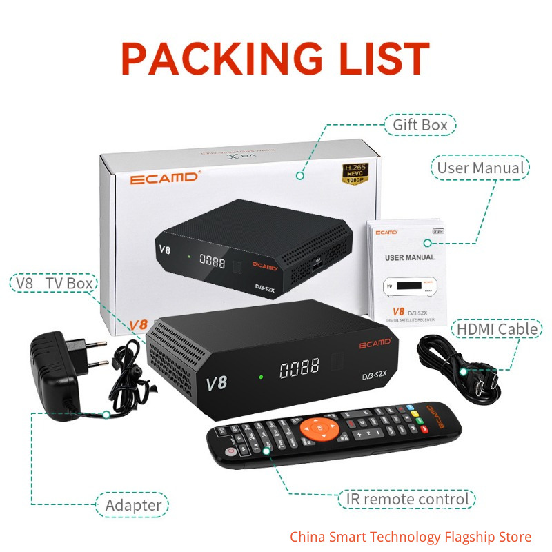 【 Flagship 】 ECAMD V8 DVB-S2X high-definition digital satellite TV set-top box, supporting H.265 HEVC 1080P full HD decoding, suitable for universal TV receivers in homes and hotels