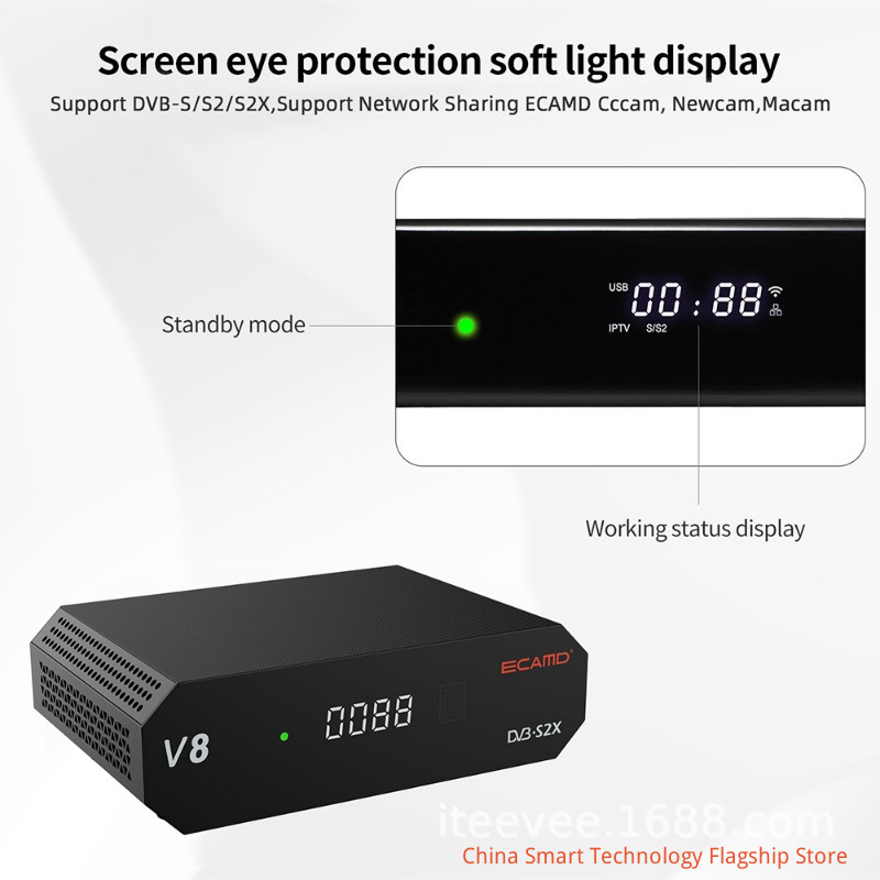 【 Flagship 】 ECAMD V8 DVB-S2X high-definition digital satellite TV set-top box, supporting H.265 HEVC 1080P full HD decoding, suitable for universal TV receivers in homes and hotels