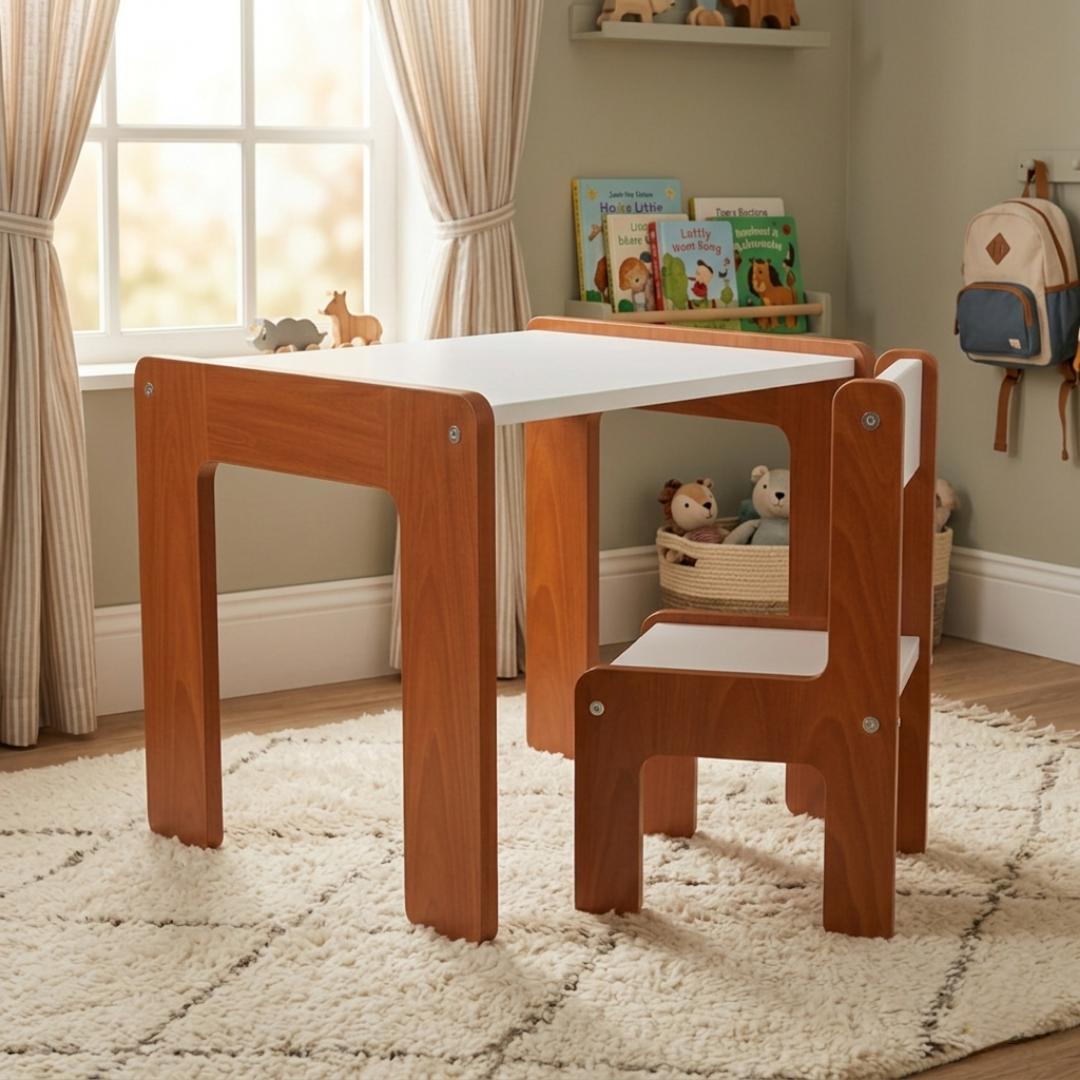 Modern Kids Play & Study Desk Set: Premium Wood-Framed Table & Chair – Ergonomic Nursery Furniture with Woven Jute Rug and Decorative Plant & Lamp - Complete Child's Corner