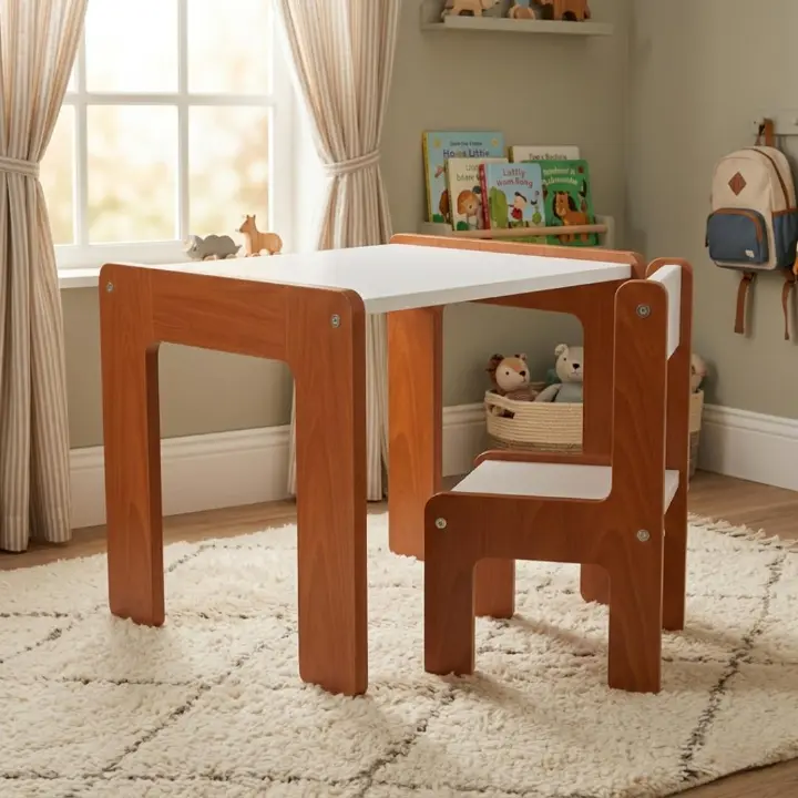 Modern Kids Play & Study Desk Set: Premium Wood-Framed Table & Chair – Ergonomic Nursery Furniture with Woven Jute Rug and Decorative Plant & Lamp - Complete Child's Corner