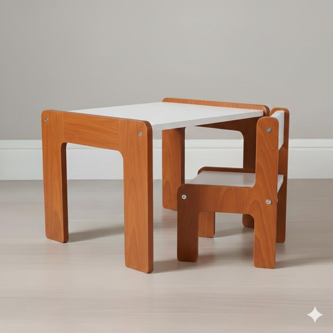 Modern Kids Play & Study Desk Set: Premium Wood-Framed Table & Chair – Ergonomic Nursery Furniture with Woven Jute Rug and Decorative Plant & Lamp - Complete Child's Corner
