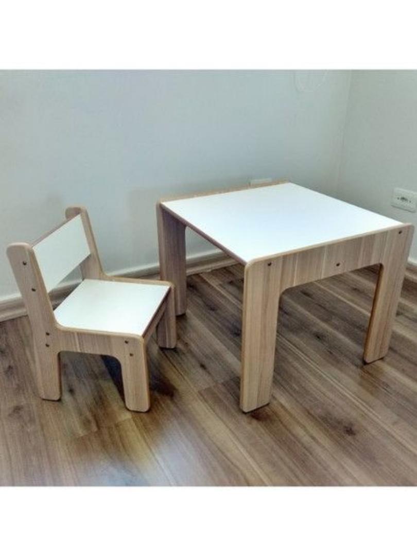 Modern Kids Play & Study Desk Set: Premium Wood-Framed Table & Chair – Ergonomic Nursery Furniture with Woven Jute Rug and Decorative Plant & Lamp - Complete Child's Corner