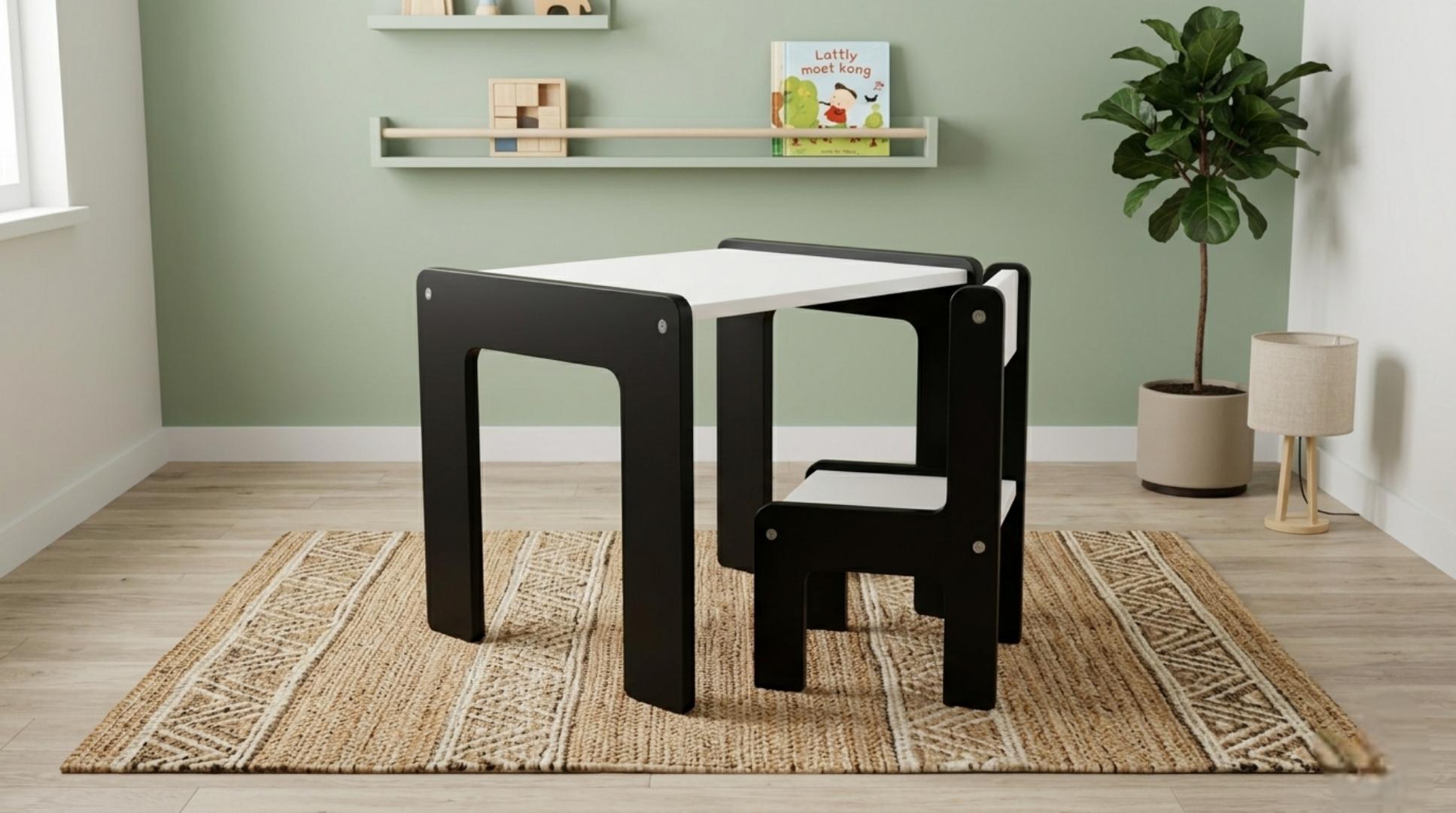 Modern Kids Play & Study Desk Set: Premium Wood-Framed Table & Chair – Ergonomic Nursery Furniture with Woven Jute Rug and Decorative Plant & Lamp - Complete Child's Corner
