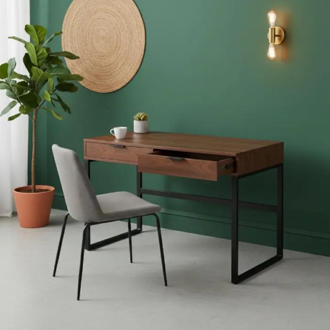 ​Industrial 2-Drawer Study/Office Desk with Metal Frame - Modern Minimalist PC Laptop Writing Table - Available in Light Oak, White, or Dark Walnut Finishes