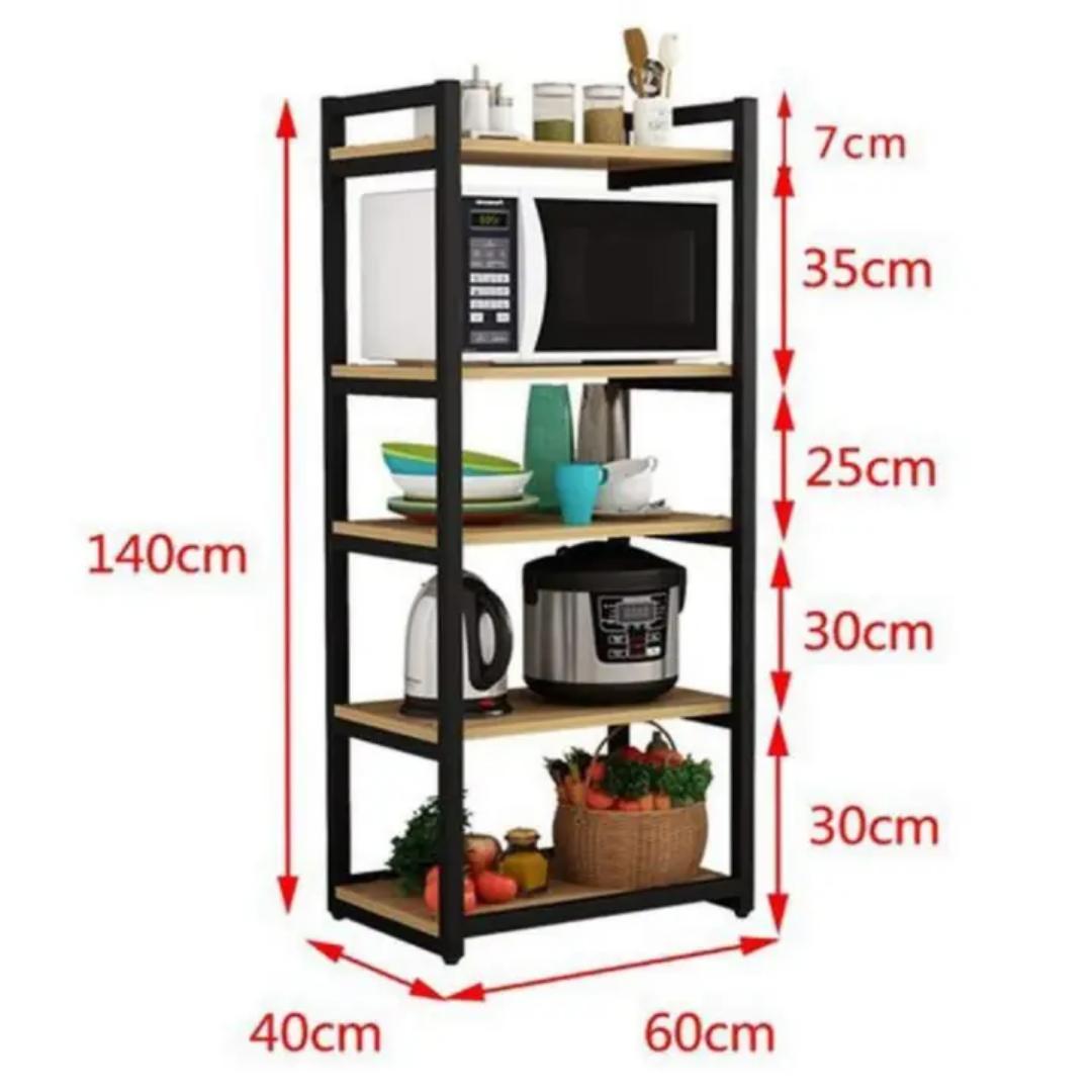 ​4-Tier Multi-Function Kitchen Storage Rack Shelf with Utensil Hooks | Microwave Oven Stand Organizer | Space Saving Metal & Wood Appliance Cart