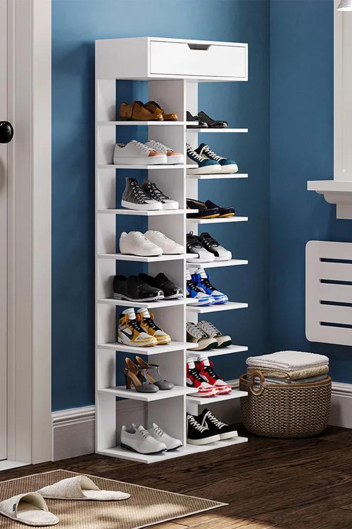 ​Modern Multi-Tier Shoe Rack Organizer with Top Drawer & Open Shelves | Space-Saving Vertical Shoe Cabinet & Entryway Storage Shelf | Sleek Wooden Display Stand for Sneakers, Heels & Boots | Kilimall