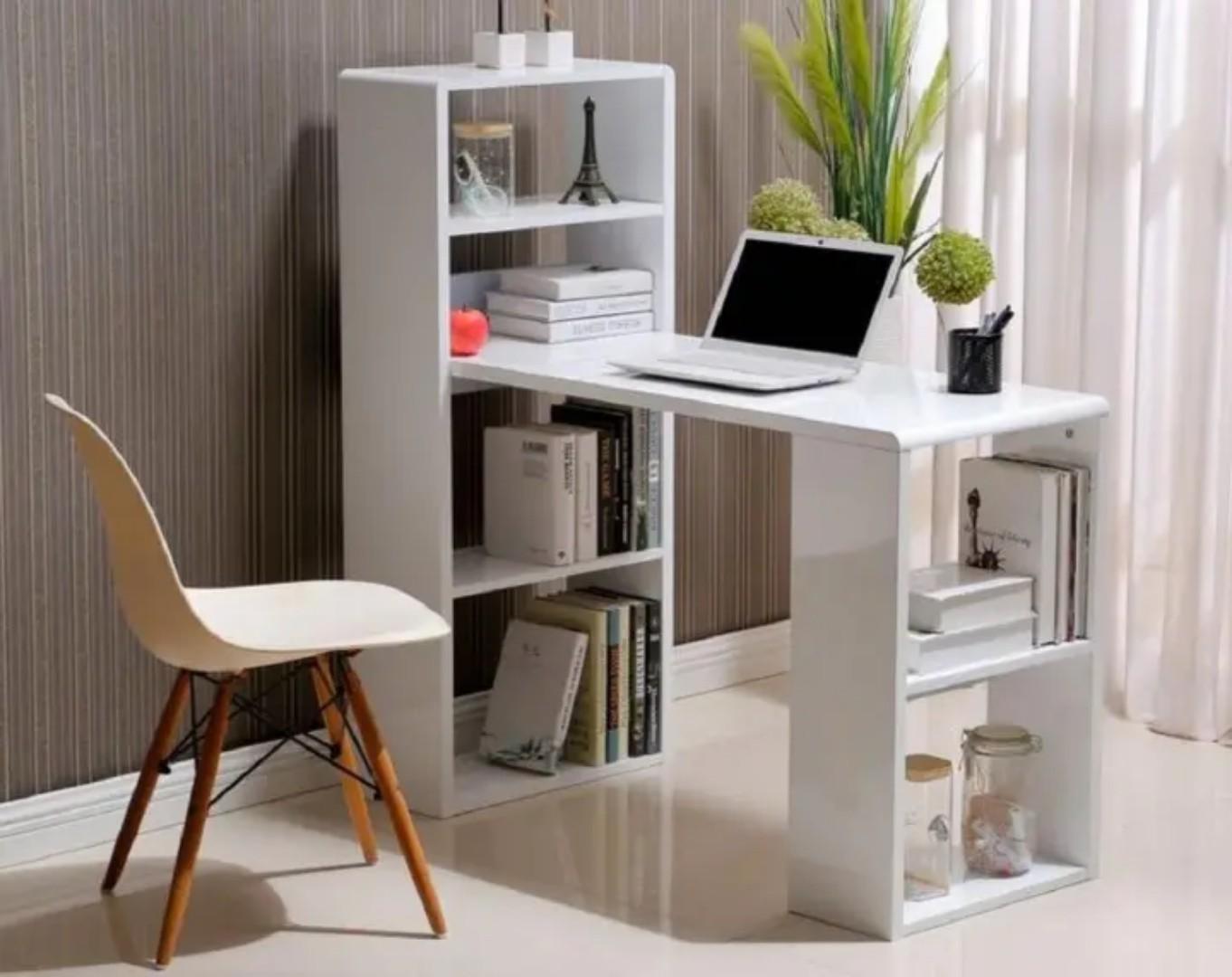 Premium L-Shape Office Study Desk with Storage Shelf | Modern Rotating Corner Computer Workstation Table | Multi-functional Bookcase Laptop Home Furniture Black