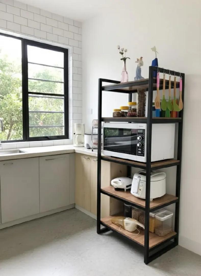 ​4-Tier Multi-Function Kitchen Storage Rack Shelf with Utensil Hooks | Microwave Oven Stand Organizer | Space Saving Metal & Wood Appliance Cart