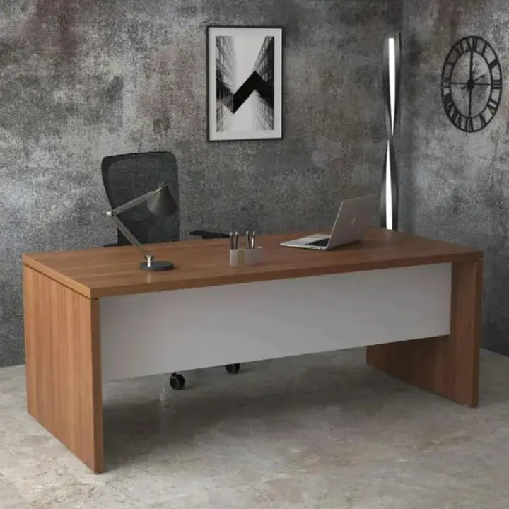 Large Executive Office Desk 145cm - Modern Management Workstation Table - Professional CEO/Manager/Boss Furniture - Woodgrain Top with White Modesty Panel