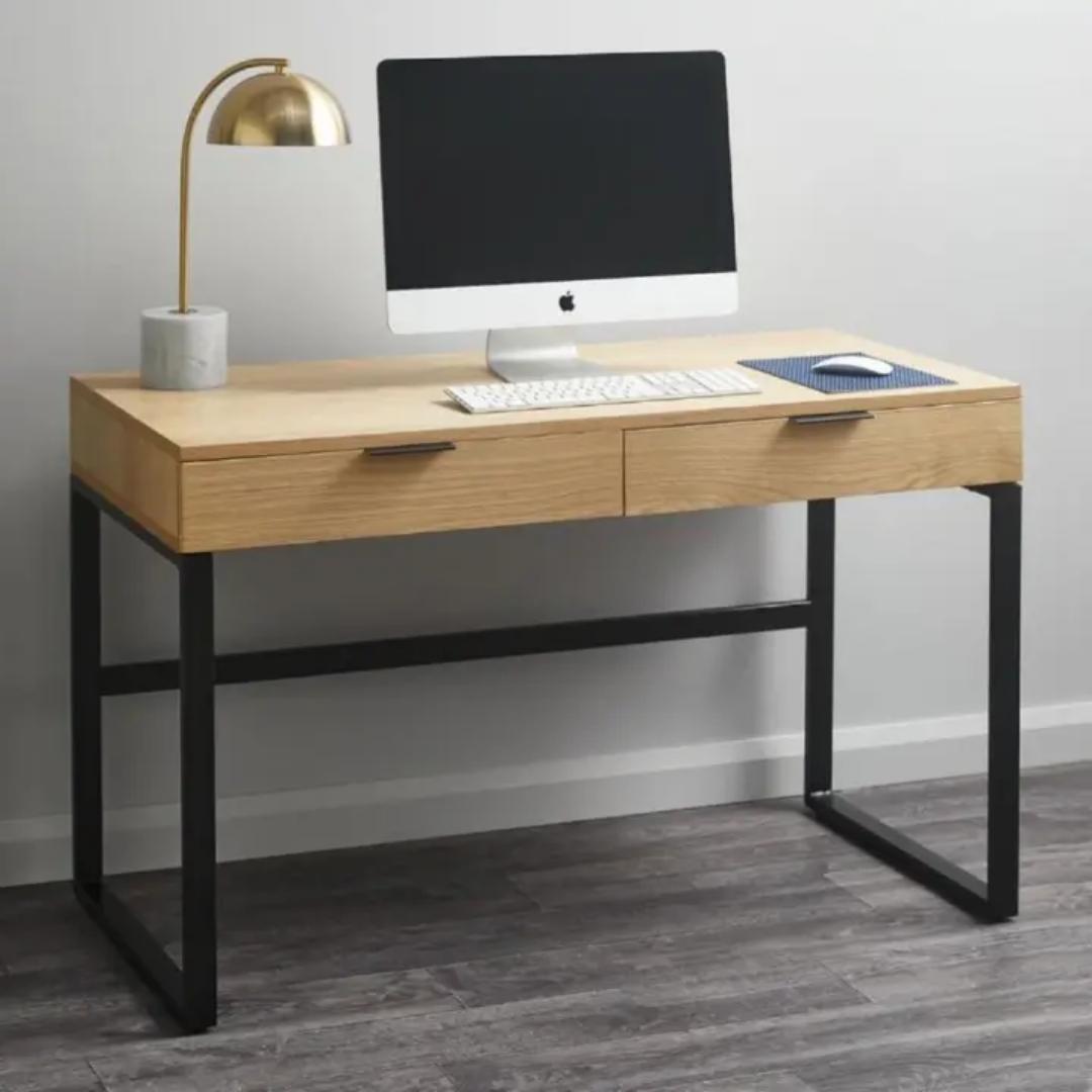 ​Industrial 2-Drawer Study/Office Desk with Metal Frame - Modern Minimalist PC Laptop Writing Table - Available in Light Oak, White, or Dark Walnut Finishes