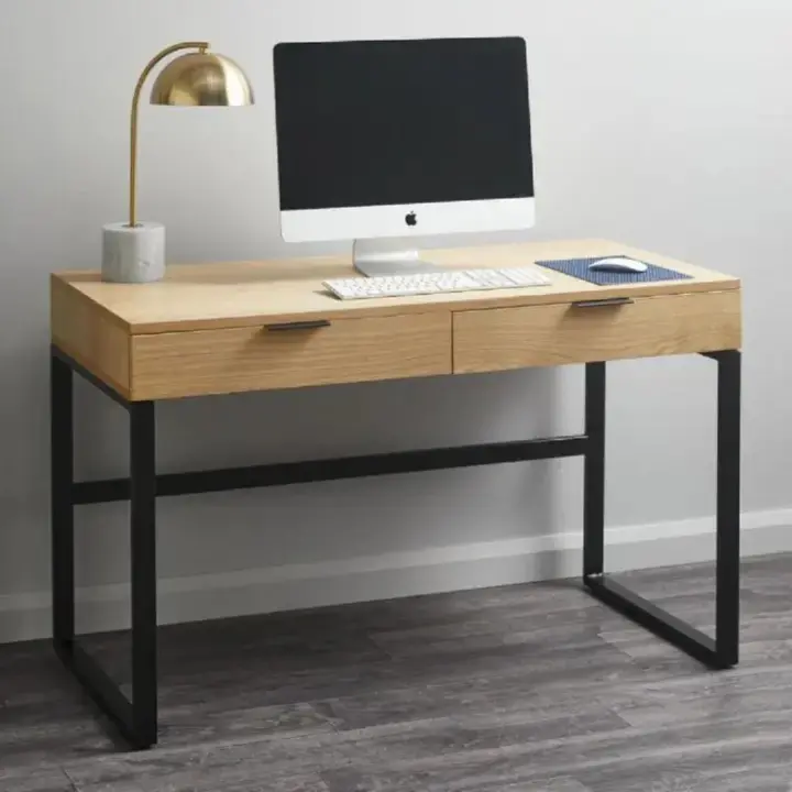 ​Industrial 2-Drawer Study/Office Desk with Metal Frame - Modern Minimalist PC Laptop Writing Table - Available in Light Oak, White, or Dark Walnut Finishes