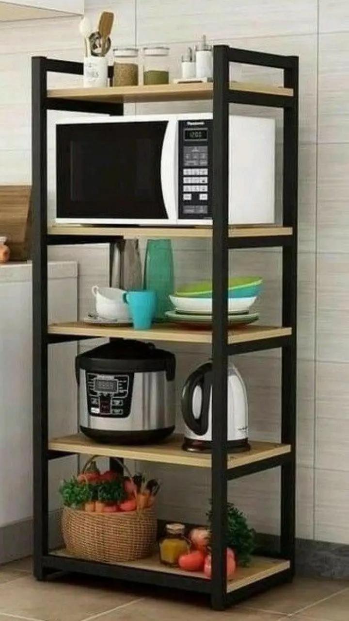 ​4-Tier Multi-Function Kitchen Storage Rack Shelf with Utensil Hooks | Microwave Oven Stand Organizer | Space Saving Metal & Wood Appliance Cart