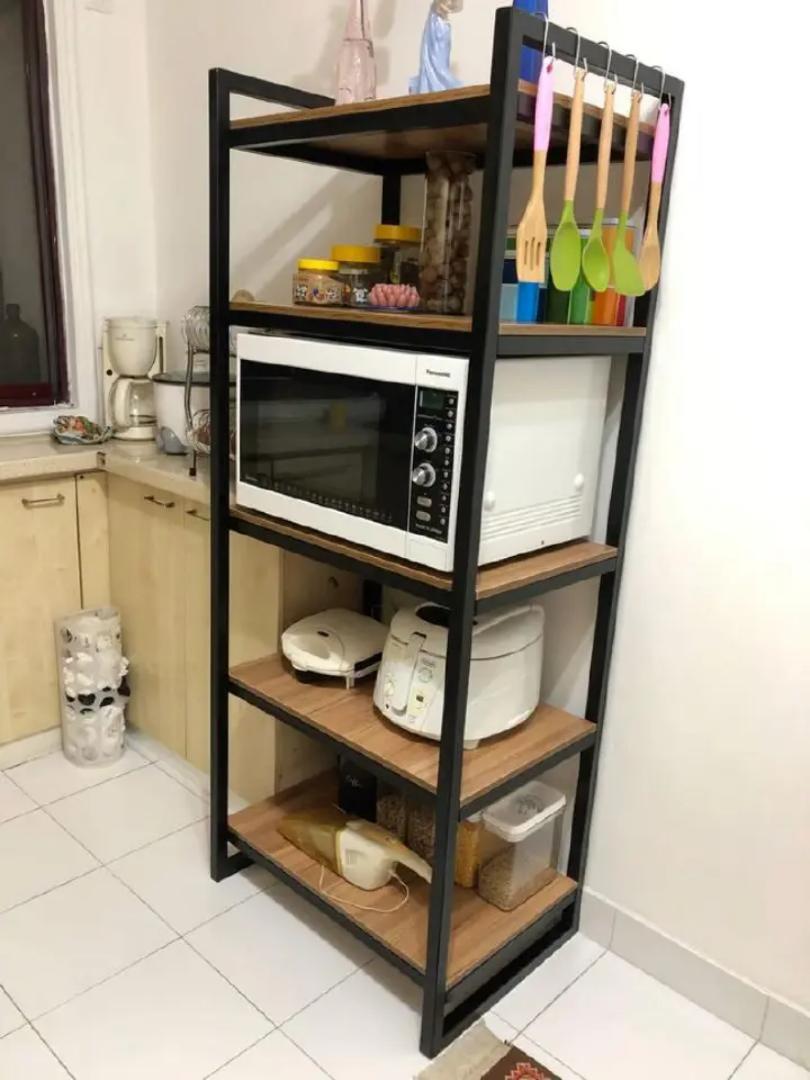 ​4-Tier Multi-Function Kitchen Storage Rack Shelf with Utensil Hooks | Microwave Oven Stand Organizer | Space Saving Metal & Wood Appliance Cart