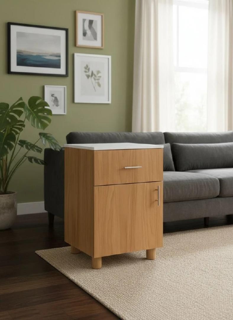 Modern 2-Tier Bedside Cabinet - Versatile Nightstand with Drawer, Storage Cupboard, & Lockable Wheels - Stylish Wood Finish Side Table for Bedroom, Home Office, & Living Room