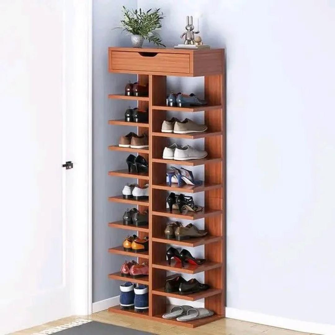 ​Modern Multi-Tier Shoe Rack Organizer with Top Drawer & Open Shelves | Space-Saving Vertical Shoe Cabinet & Entryway Storage Shelf | Sleek Wooden Display Stand for Sneakers, Heels & Boots | Kilimall