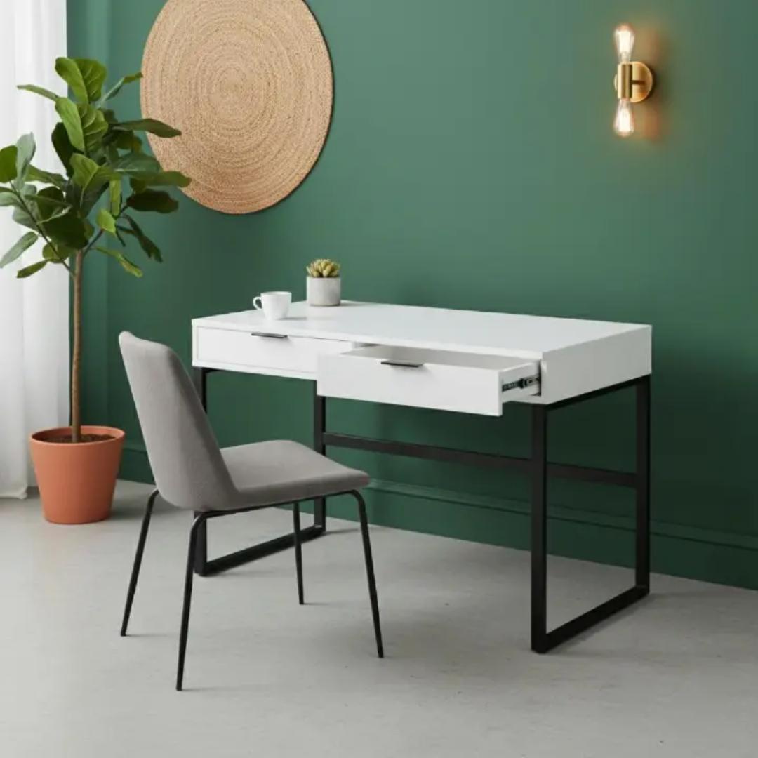 ​Industrial 2-Drawer Study/Office Desk with Metal Frame - Modern Minimalist PC Laptop Writing Table - Available in Light Oak, White, or Dark Walnut Finishes