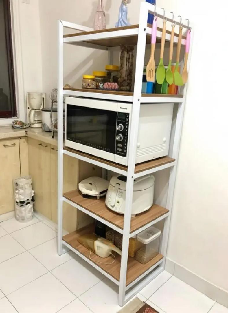 ​4-Tier Multi-Function Kitchen Storage Rack Shelf with Utensil Hooks | Microwave Oven Stand Organizer | Space Saving Metal & Wood Appliance Cart
