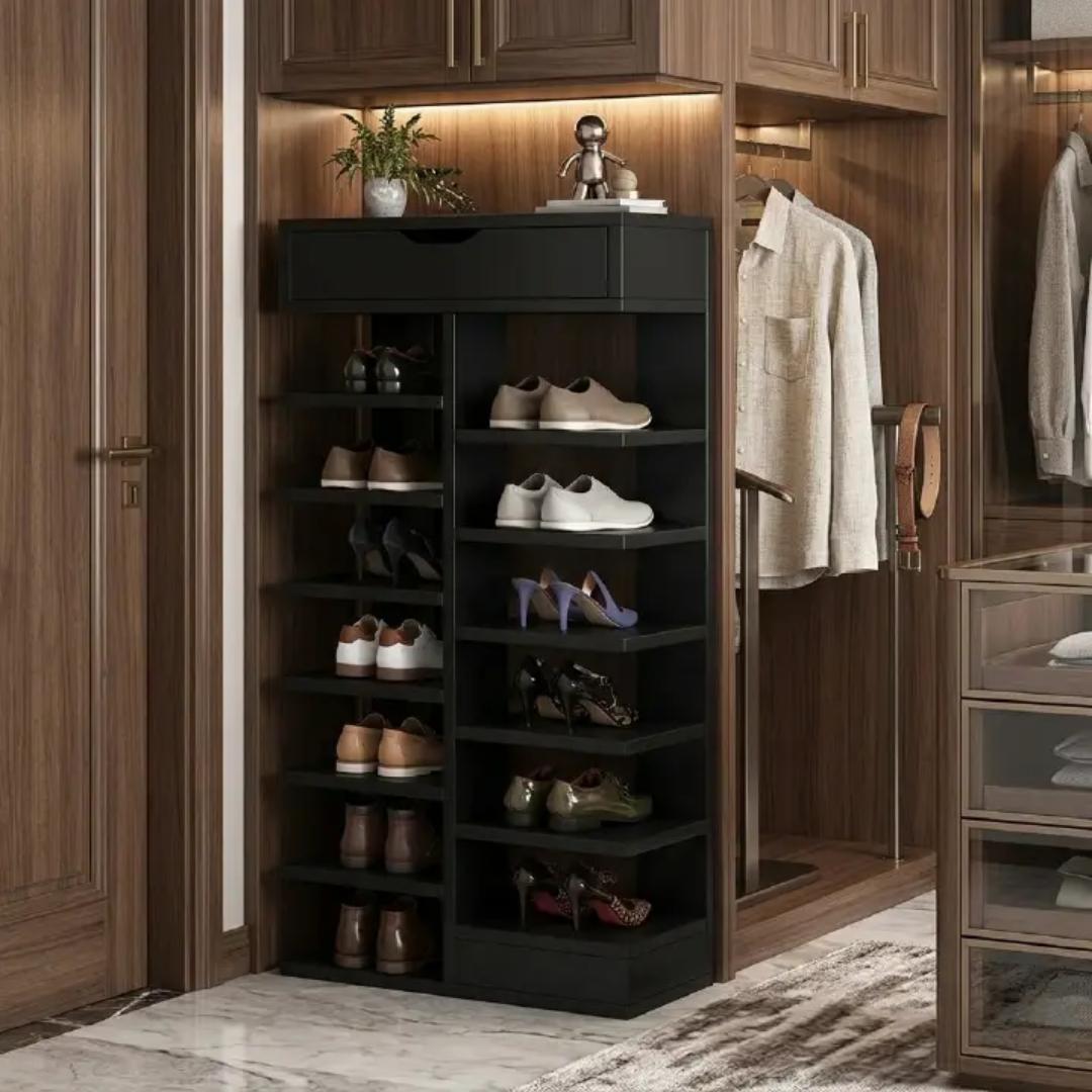 ​Modern Multi-Tier Shoe Rack Organizer with Top Drawer & Open Shelves | Space-Saving Vertical Shoe Cabinet & Entryway Storage Shelf | Sleek Wooden Display Stand for Sneakers, Heels & Boots | Kilimall