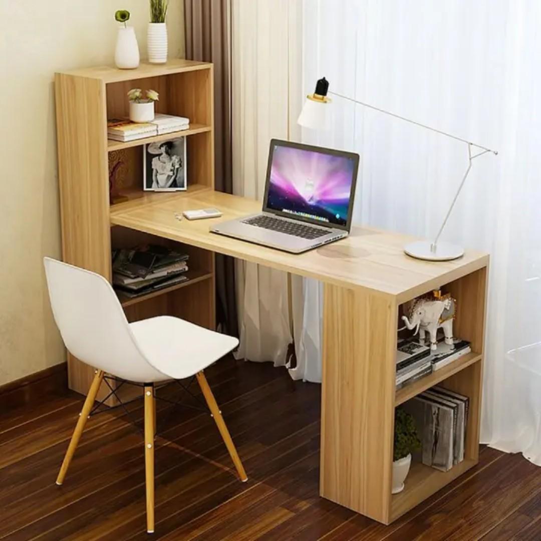Premium L-Shape Office Study Desk with Storage Shelf | Modern Rotating Corner Computer Workstation Table | Multi-functional Bookcase Laptop Home Furniture Black