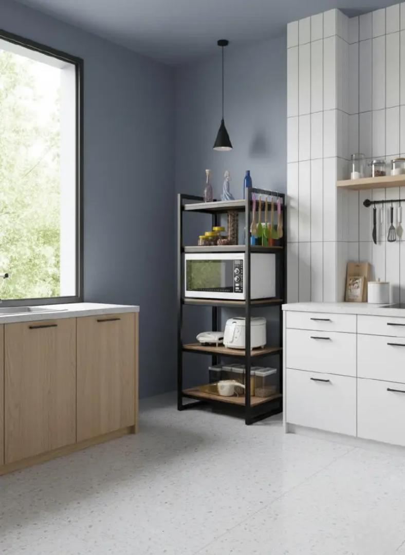 ​4-Tier Multi-Function Kitchen Storage Rack Shelf with Utensil Hooks | Microwave Oven Stand Organizer | Space Saving Metal & Wood Appliance Cart