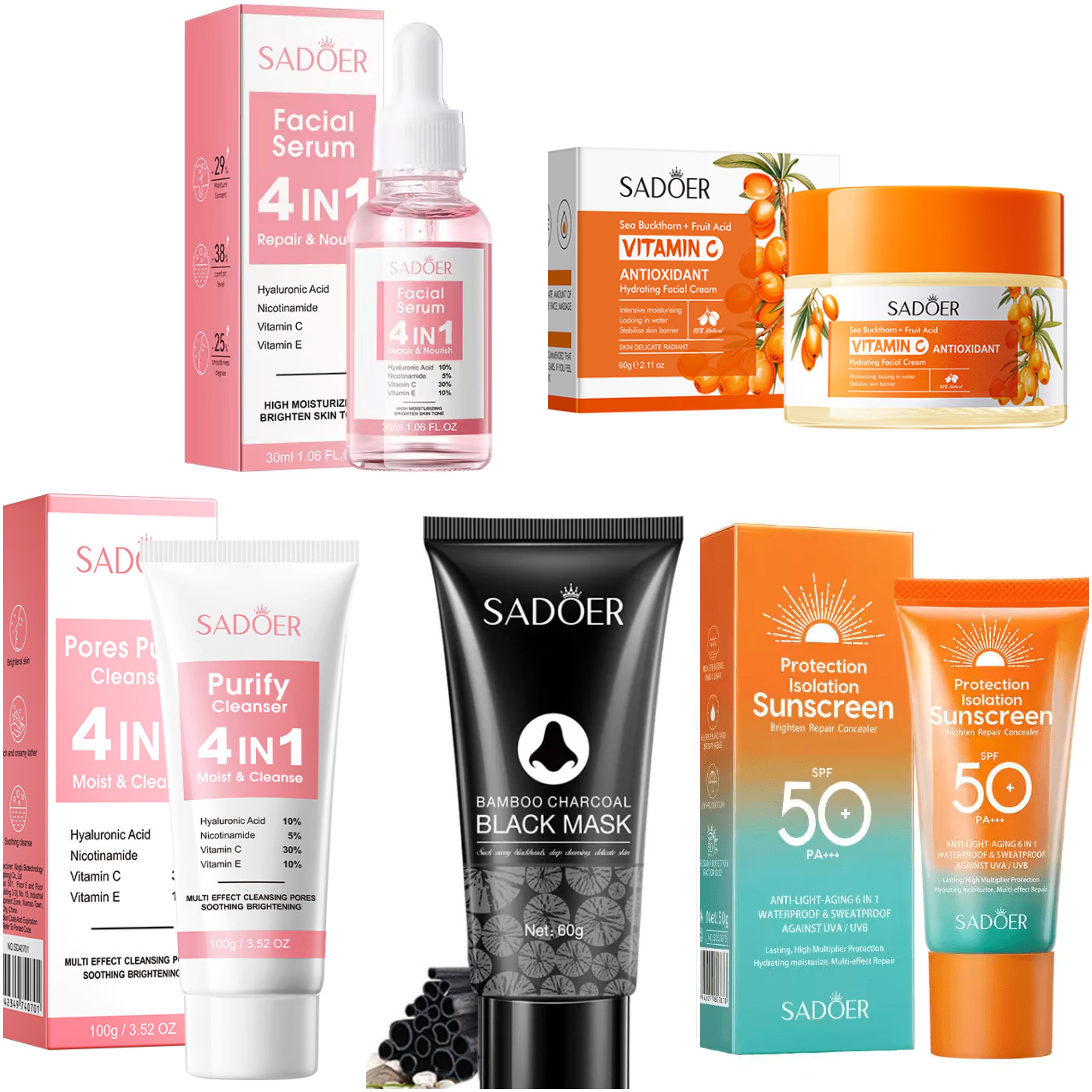Sadoer 5 in 1 Set of ,  4 in 1 Pores Purify Cleanser with Vitamin C, Hyaluronic Acid, Nicotinamide and Vitamin E + Buckthorn Face Cream + Face Serum + Charcoal Mask Peel Off Mask + Sunscreen SPF 50,