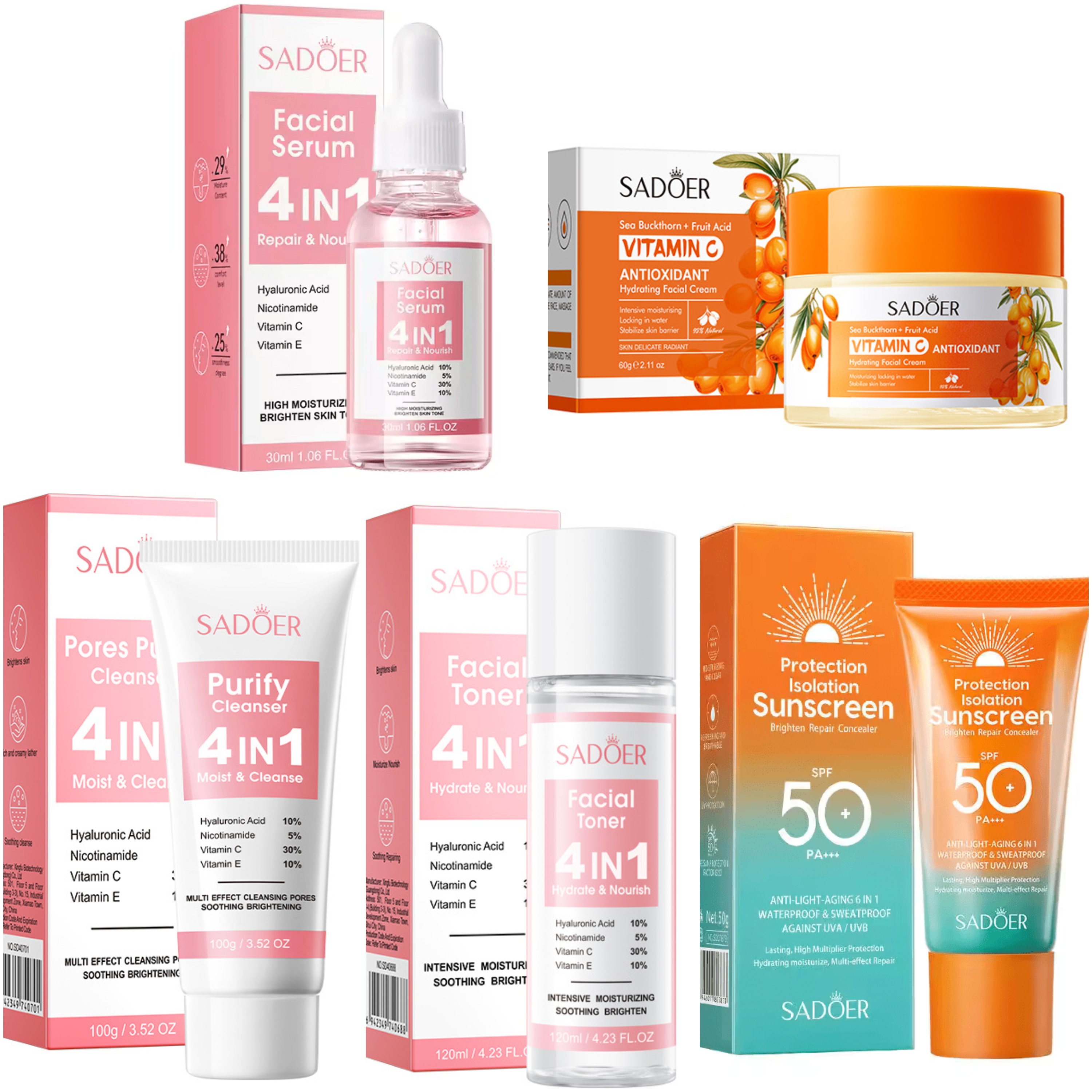 Sadoer 5 in 1 Set, 4 in 1( Vitamin C 30%, Nicotinamide 5%, Hyaluronic Acid 10%, Vitamin E 10%) Pores Purifying Cleanser + Buckthorn Face Cream + Face Serum + Face Toner + Sunscreen SPF 50, Brightening
