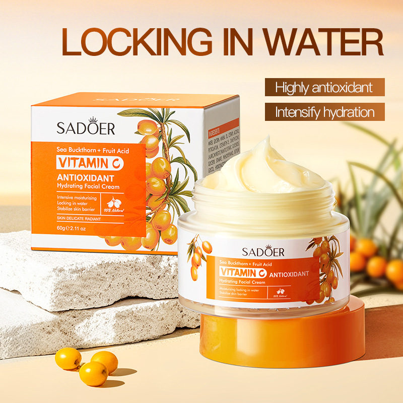 Sadoer 5 in 1 Set, 4 in 1( Vitamin C 30%, Nicotinamide 5%, Hyaluronic Acid 10%, Vitamin E 10%) Pores Purifying Cleanser + Buckthorn Face Cream + Face Serum + Face Toner + Sunscreen SPF 50, Brightening