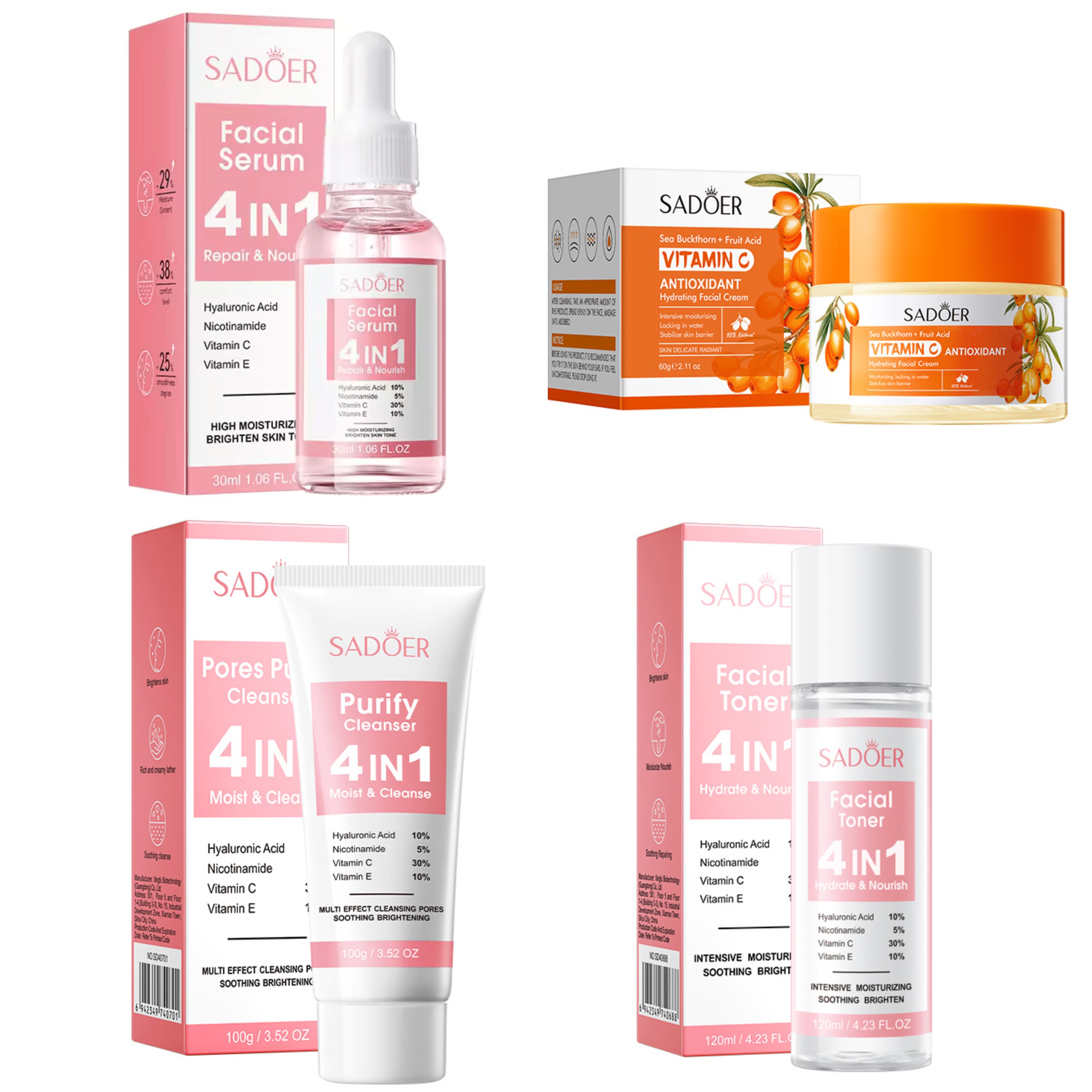 Sadoer 4 PCS Set of 4 in 1 Face Serum + Buckthorn  Face Cream,+ Cleanser + Face Toner Contains Vitamin C, Nicotinamide (Niacinamide) Hyaluronic and Vitamin E, Purify Skin, Brighten, Moisturizing,