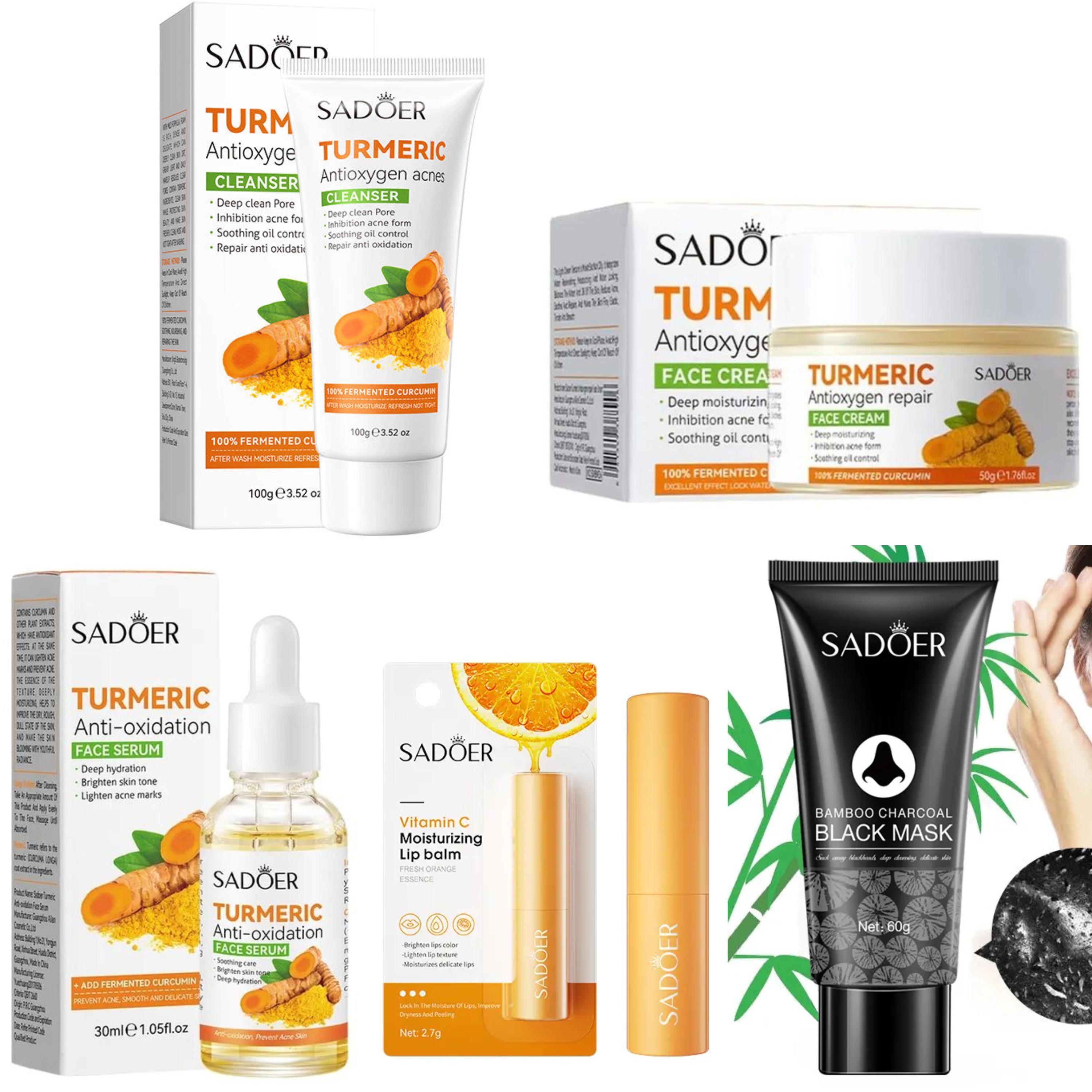 SADOER 5 in 1 Turmeric Set, Tumeric Cleanser + Turmeric Serum + Tumeric Cream + Vitamin C Lipbalm Moisturizing Lip Balm + Blackheads Removal Peel Off Mask, Anti Oxidation, Moisturizing, Anti Acne