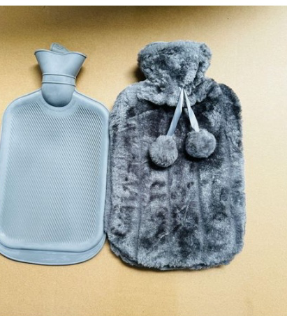2L Hot Water Bottle with Imitation Rabbit Hair Cover - Grey, Plush Hand & Feet Warmer for Cramps & Pain Relief