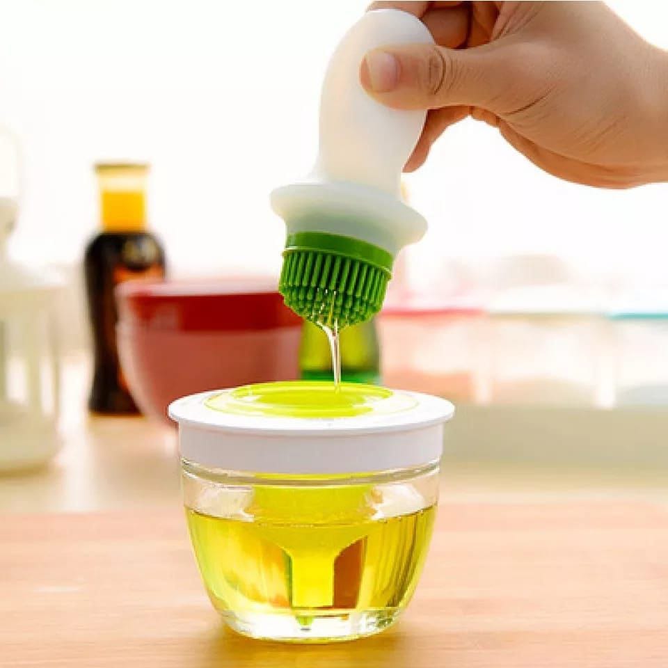 Silicone Oil Brush & Glass Oil Dispenser Jar Set – Kitchen Cooking Oil Bottle with Brush Applicator