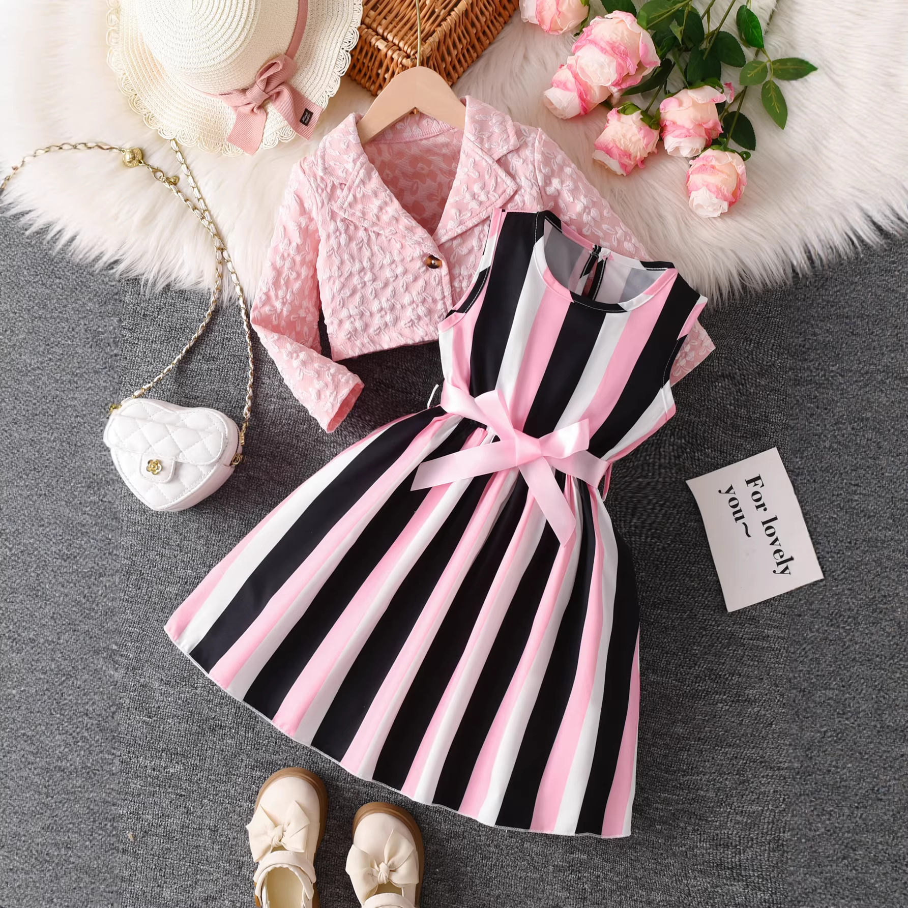 2 Piece Girls Clothing Set Princess Formal Dress Jacquard Blazer Long Sleeve Suit Jacket Stripe Bowknot Dress Cardigan Elegant Outfit for Girl Clothes Kid