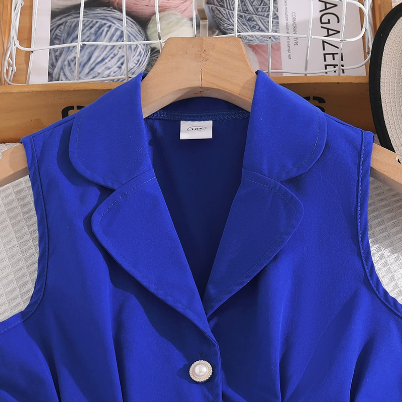 8-12 Years Girl Clothes 2PCS Girls Clothing Set Simple Lapel Sleeveless Waist Cinched Top Casual Wide Leg Pleated Pants Outfit Girl Top and Trousers