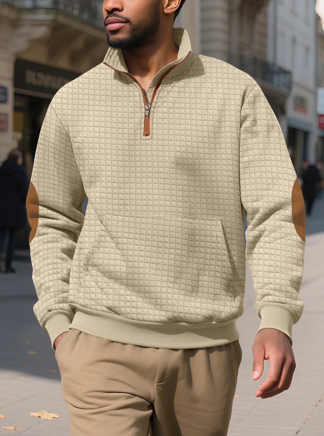 Man Clothes Hoodies Men's Casual Sports Sweatshirt Jacquard Check Stand-up Collar Half-Zip Waffle-Weave Long-Sleeved Top Fashion Clothing for Men Long Sleeves Tops
