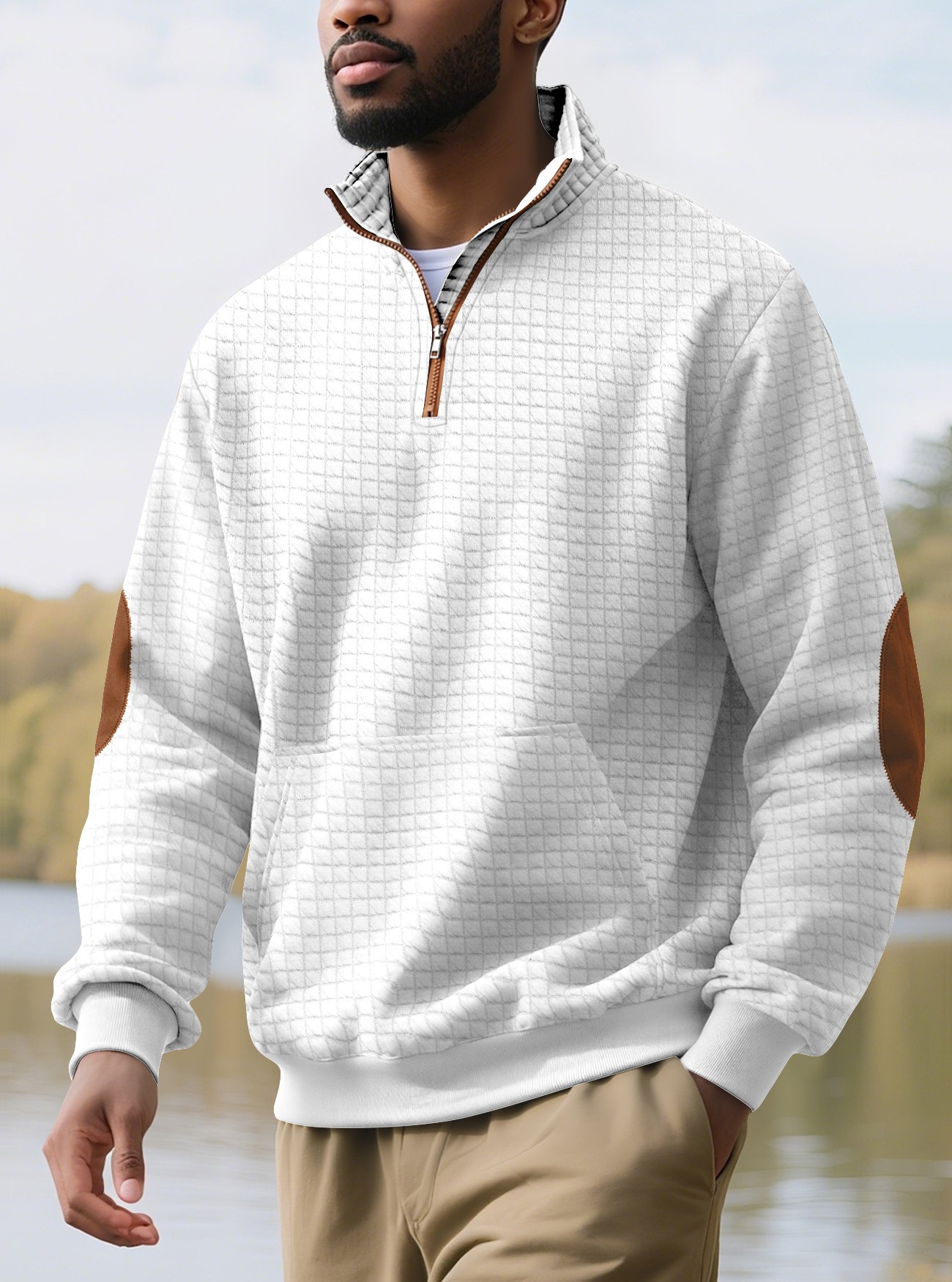 Man Clothes Hoodies Men's Casual Sports Sweatshirt Jacquard Check Stand-up Collar Half-Zip Waffle-Weave Long-Sleeved Top Fashion Clothing for Men Long Sleeves Tops