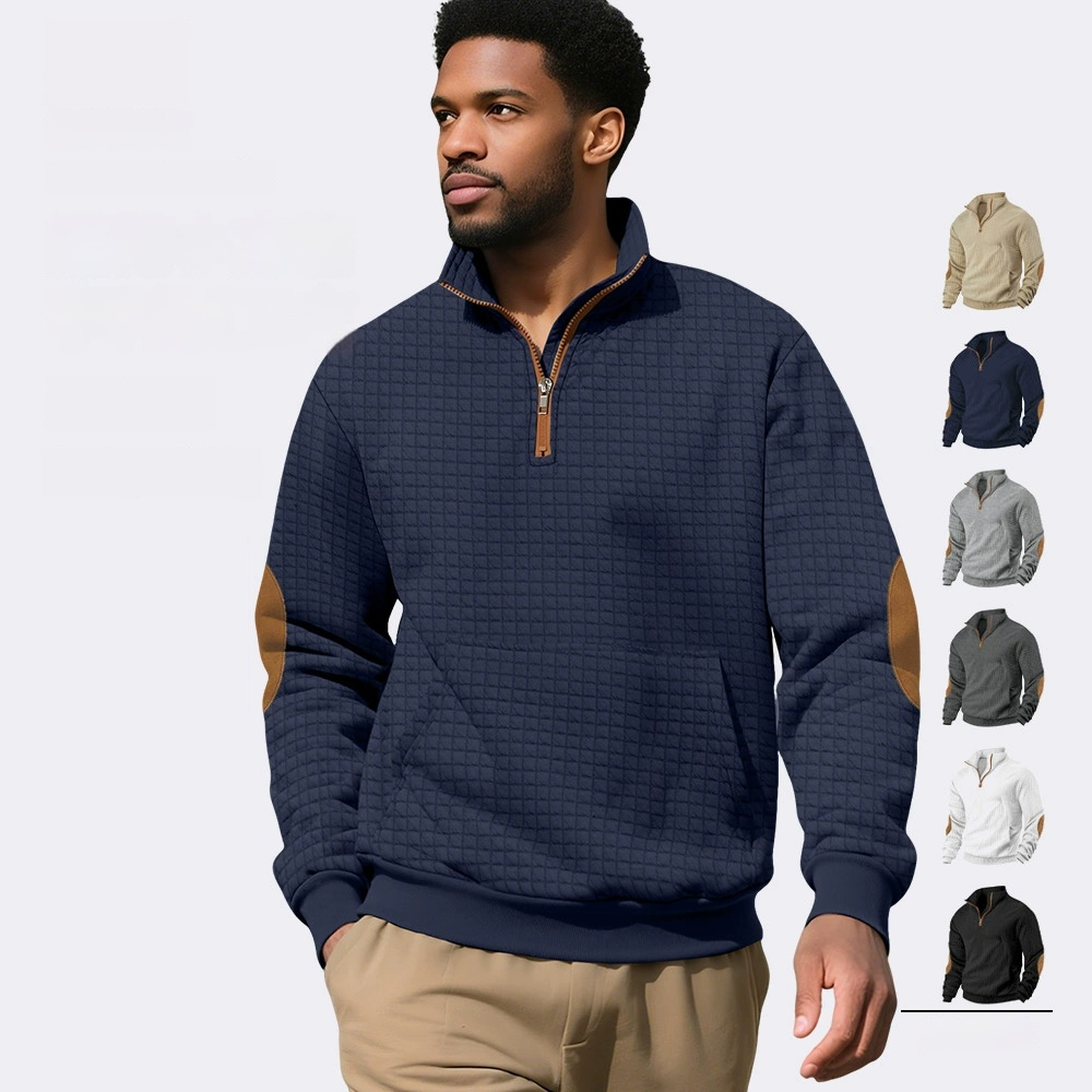 Man Clothes Hoodies Men's Casual Sports Sweatshirt Jacquard Check Stand-up Collar Half-Zip Waffle-Weave Long-Sleeved Top Fashion Clothing for Men Long Sleeves Tops