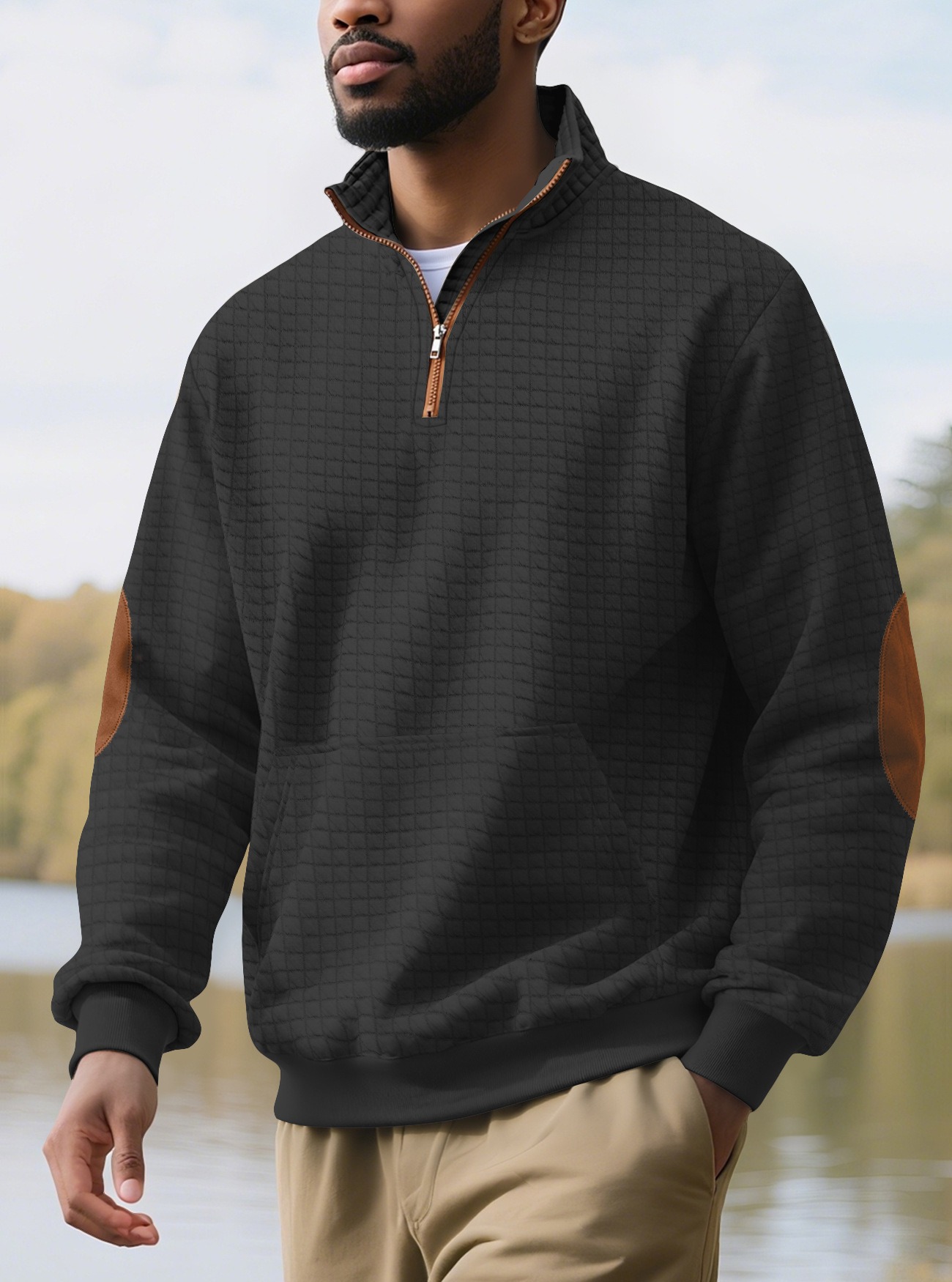 Man Clothes Hoodies Men's Casual Sports Sweatshirt Jacquard Check Stand-up Collar Half-Zip Waffle-Weave Long-Sleeved Top Fashion Clothing for Men Long Sleeves Tops