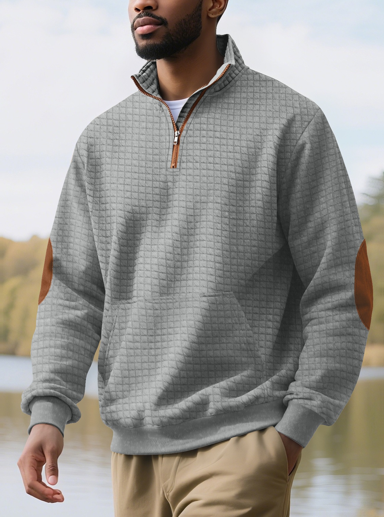Man Clothes Hoodies Men's Casual Sports Sweatshirt Jacquard Check Stand-up Collar Half-Zip Waffle-Weave Long-Sleeved Top Fashion Clothing for Men Long Sleeves Tops