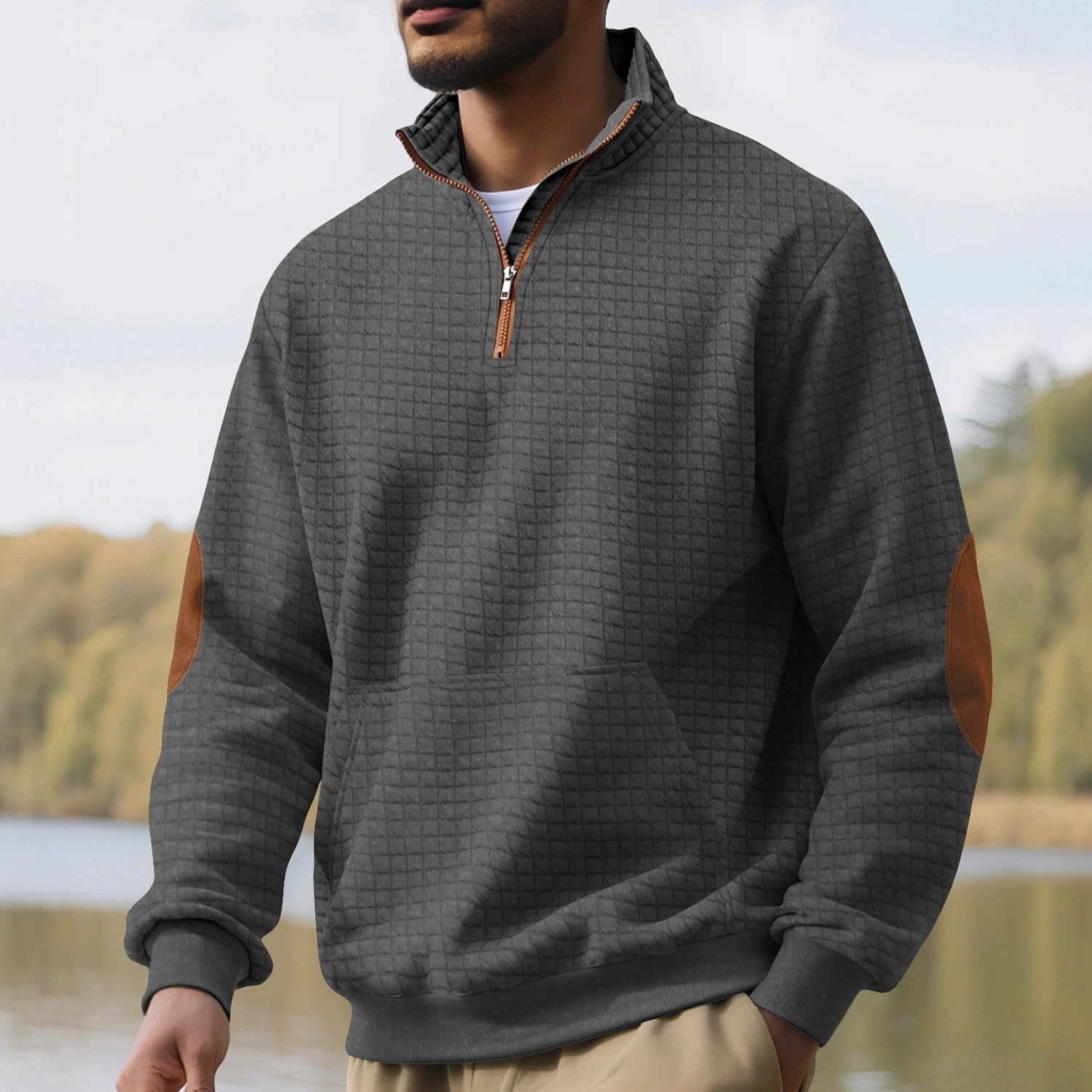 Man Clothes Hoodies Men's Casual Sports Sweatshirt Jacquard Check Stand-up Collar Half-Zip Waffle-Weave Long-Sleeved Top Fashion Clothing for Men Long Sleeves Tops