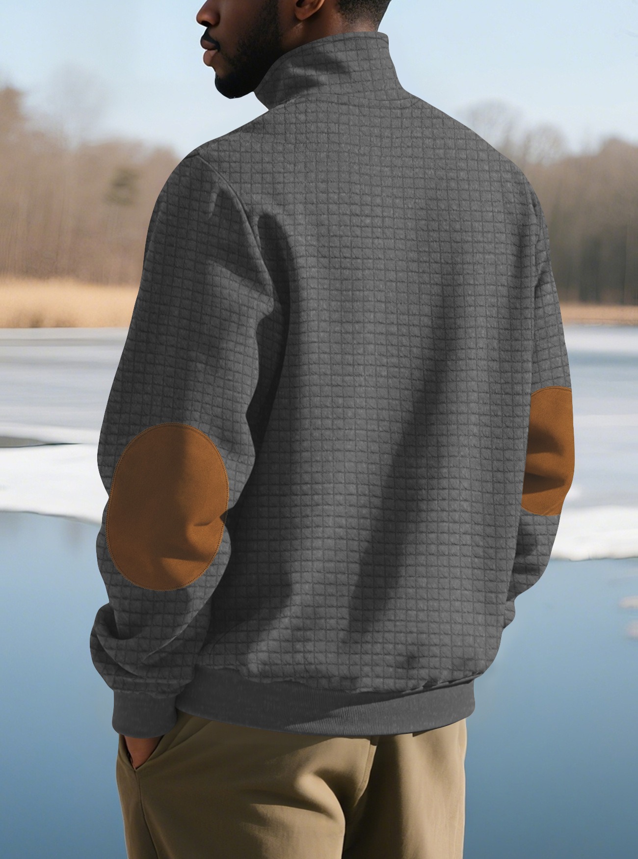 Man Clothes Hoodies Men's Casual Sports Sweatshirt Jacquard Check Stand-up Collar Half-Zip Waffle-Weave Long-Sleeved Top Fashion Clothing for Men Long Sleeves Tops
