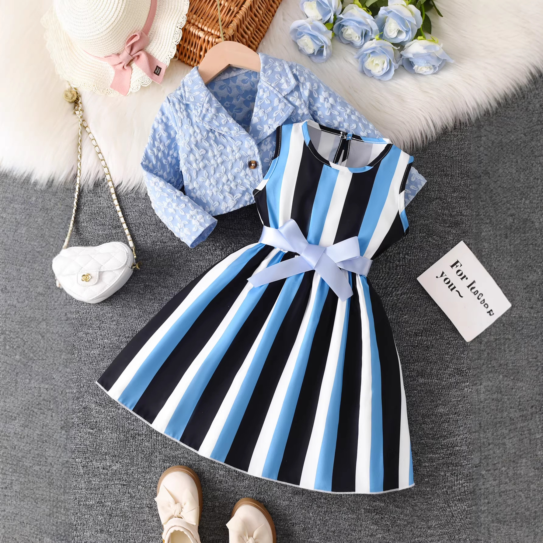 2 Piece Girls Clothing Set Princess Formal Dress Jacquard Blazer Long Sleeve Suit Jacket Stripe Bowknot Dress Cardigan Elegant Outfit for Girl Clothes Kid